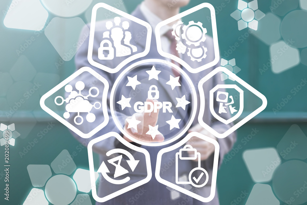 Poster gdpr - general data protection regulation security concept. businessman clicks on a gdpr with padloc