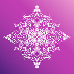 Round white mandala on dreamy gradient background. Vector hipster design in violet and pink colors. Mandala with floral patterns. Yoga template