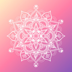Round white mandala on dreamy gradient background. Vector hipster design in violet and pink colors. Mandala with floral patterns. Yoga template