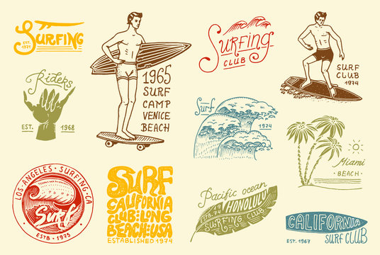 Surf badge and wave, palm tree and ocean. tropics and california. man on the surfboard, summer on the beach and the sea. engraved emblem hand drawn. Banner or poster. sports in Hawaii.
