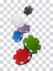 Colorful casino chips falling on transparent background