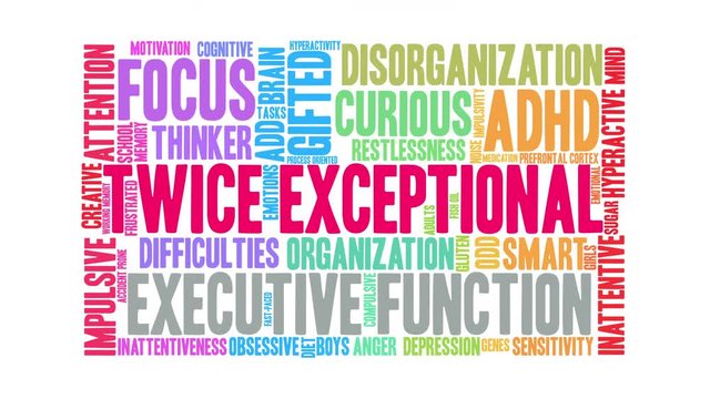 Twice Exceptional ADHD Animated Word Cloud on a white background. 