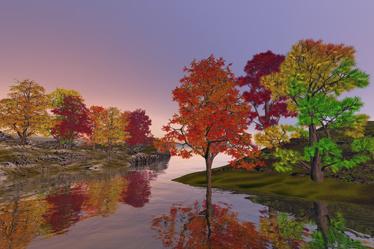 Beautiful nature, an autumn landscape, wonderful waters on the lake, red and yellow leaves in the trees and haze in the sky.