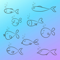Set of fish sketch on gradient background. Vector Illustration. Perfect for kids print, t-shirt printing and other design progect.