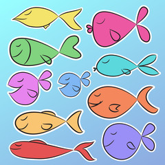 Collection of nine ready to use bright stickers with cute colorful fishes. Set of 9 printable labels isolated on gradient background. Vector Illustration.