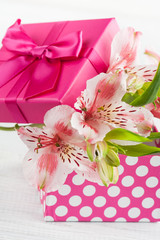 Pink lilly flowers with gift box