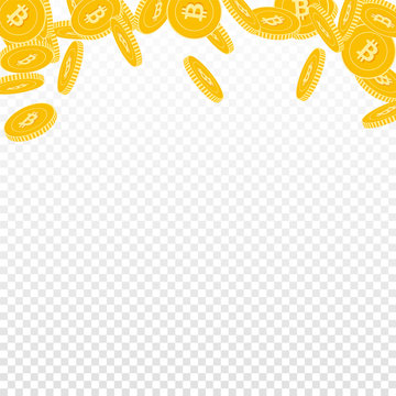 Bitcoin, internet currency coins falling. Scattered big BTC coins on transparent background. Extraordinary abstract top border vector illustration. Jackpot or success concept.