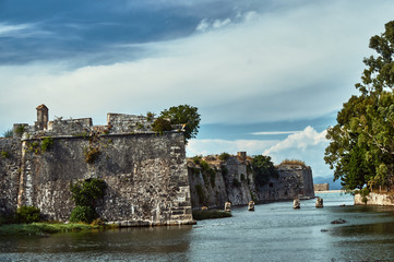 Moat and walls of the Venetian fortress of Agia Maura at the Greek island of Lefkada..