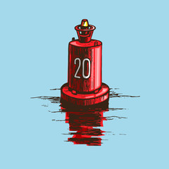  Warning red buoy at the river banks - obrazy, fototapety, plakaty