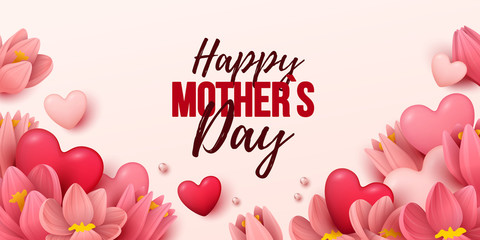 Happy Mothers Day background with flowers and hearts. Vector illustration