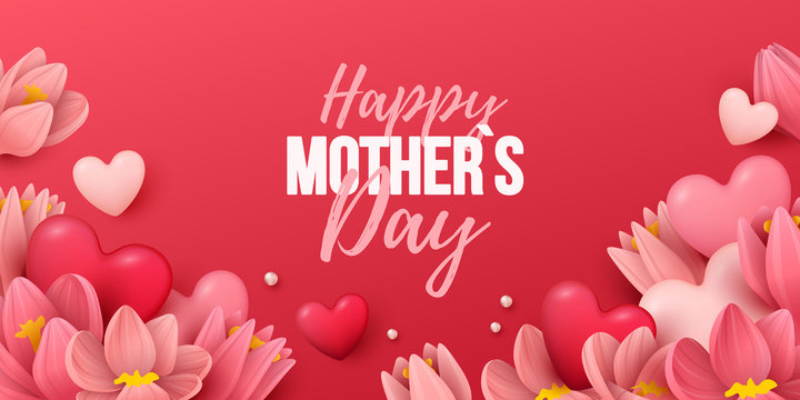 Happy Mothers Day background with flowers and hearts. Vector illustration