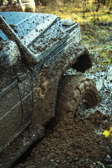 Fragment of car stuck in dirt, close up.