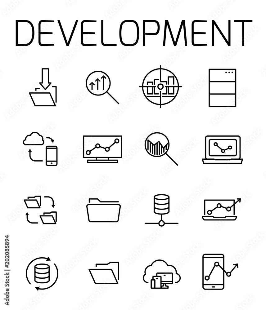 Poster development related vector icon set.