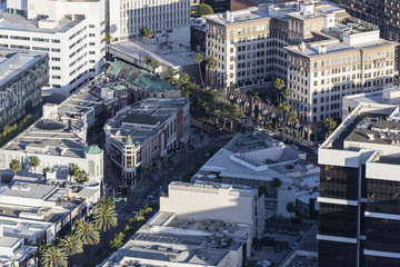 Aerial view of Rodeo Drive at Wilshire Blvd in heart of Beverly Hills upscale shopping district near Los Angeles, California.