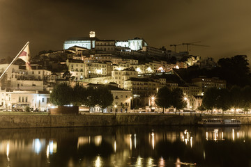 View of night University of Coimbra. Night. River.