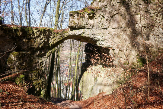 Gateway rock at castle remains “Torfelsen” close to Beilngries, Germany, seen from above