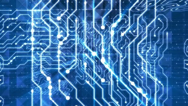An exciting 3d rendering of some point of view object flying inside of a circuit board with curvy and straight white lines, moving and sparkling spots and blue background. Loopable. 