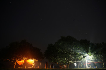 orange and white light under trees at starry night in bangladesh