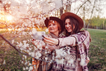 Senior mother and her adult daughter hugging and taking selfie in blooming garden. Mother's day concept. Family values