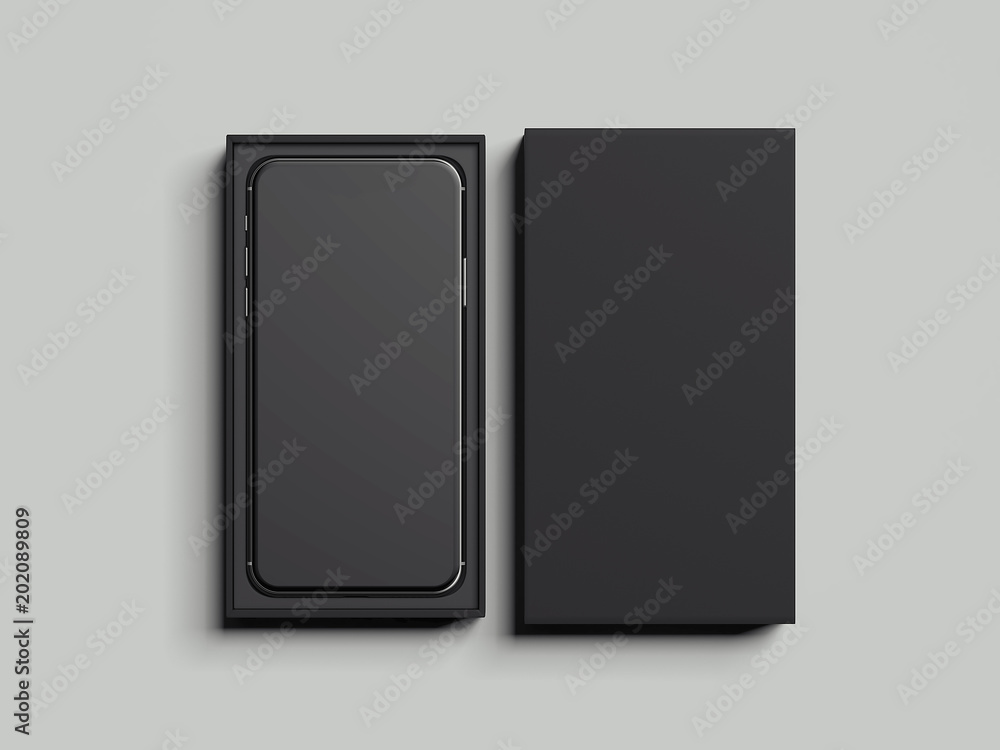 Poster black opened rectangular box with mobile phone inside, 3d rendering