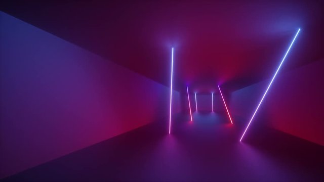 3d render, abstract background, fluorescent ultraviolet light, glowing neon lines rotating inside tunnel, blue red pink purple spectrum, rectangular frames spinning around, looped animation