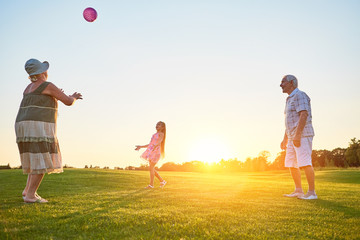 Seniors with grandchild playing ball. People having fun outdoors. Best lawn games for families.