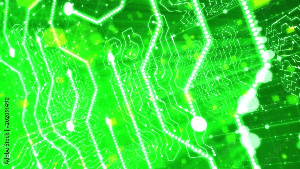 Poster a multidimensional 3d rendering of some small item flying inside of a green circuit board with curvy