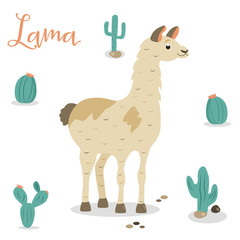 Bright poster with cute lama with cacti