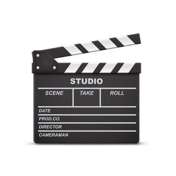 Vector 3d realistic illustration of open movie clapperboard or clapper isolated on background. Black cinema slate board, device used in filmmaking and video production. Film industry equipment