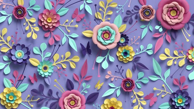 3d rendering, loop animation of floral background, turning paper flowers, botanical pattern, papercraft, candy pastel colors, bright hue palette
