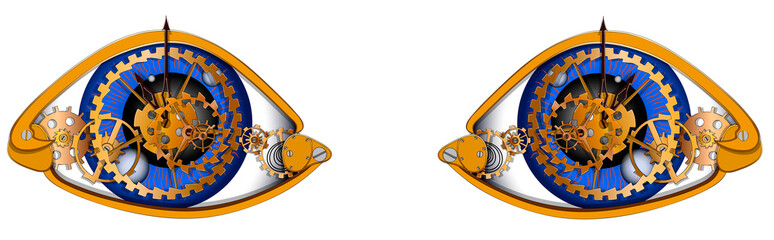 Глаза человека в виде механических часов, векторная иллюстрация на белом фоне