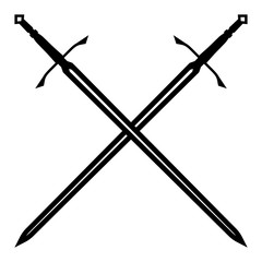 Simple, flat, black and white crossed long-swords silhouette illustration. Isolated on white