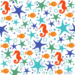 Fototapeta na wymiar Seamless pattern with hand drawn seashells and starfishes
