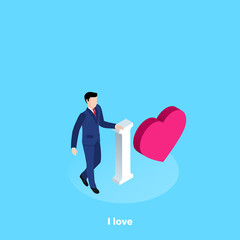 a man in a business suit stands next to the inscription I and the heart icon, isometric image