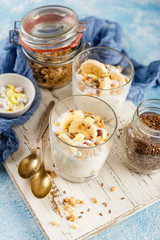 Breakfast of yoghurt, bananas and granola