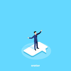 a man in a business suit with arms outstretched stands on a message icon, an isometric image