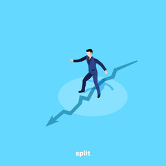 Fototapeta premium a man in a business suit with arms spread out in the sides is standing on a big crack in the ground, an isometric image