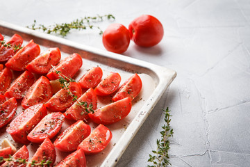 Dried tomatoes in baking tray