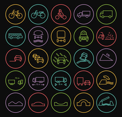 Set of Quality Universal Standard Minimal Simple Color Thin Line Traffic Signs Icons on Circular Buttons on Black Background 