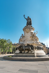 Monument to the republic, bronze statue of Marianne, a personification of the French republic at the Place de Republique in Paris, France