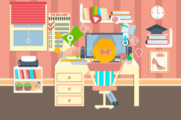 Workplace vector illustration. Girl sitting in front of the Desktop in lovely comfortable room. Online education. Place for study and working
