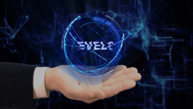 Painted hand shows concept hologram Develop on his hand. Drawn man in business suit with future technology screen and modern cosmic background