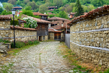 Fototapeta na wymiar Zheravna, Bulgaria - architectural reserve of rustic houses and narrow cobbled streets from the Bulgarian national revival period