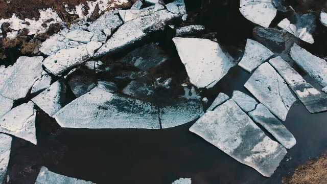Aero shot. Huge pieces of ice on the river during the ice debacle