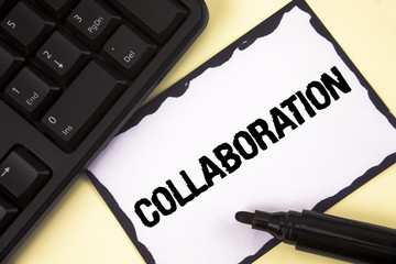 Conceptual hand writing showing Collaboration. Business photo text Global industries partnership with teamwork to help others win written on Sticky Note paper on plain background Marker Keyboard.