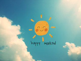 Happy weekend cute sun smile pencil color illustration on blue sky and cloud - obrazy, fototapety, plakaty