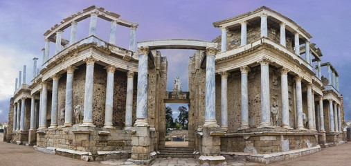 Old roman theater in Merida, Badajoz, Spain, the old capital from the Roman Empire in Hispania and the theater is still in use - obrazy, fototapety, plakaty