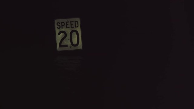 A speed sign at night in dark floodwater