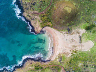 An aerial view of Anakena Beach at Easter Island, maybe the nicest beach in Chile. Easter Island is better known as their Moais statues however it has incredible places