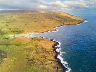 An aerial view of Anakena Beach at Easter Island, maybe the nicest beach in Chile. Easter Island is better known as their Moais statues however it has incredible places